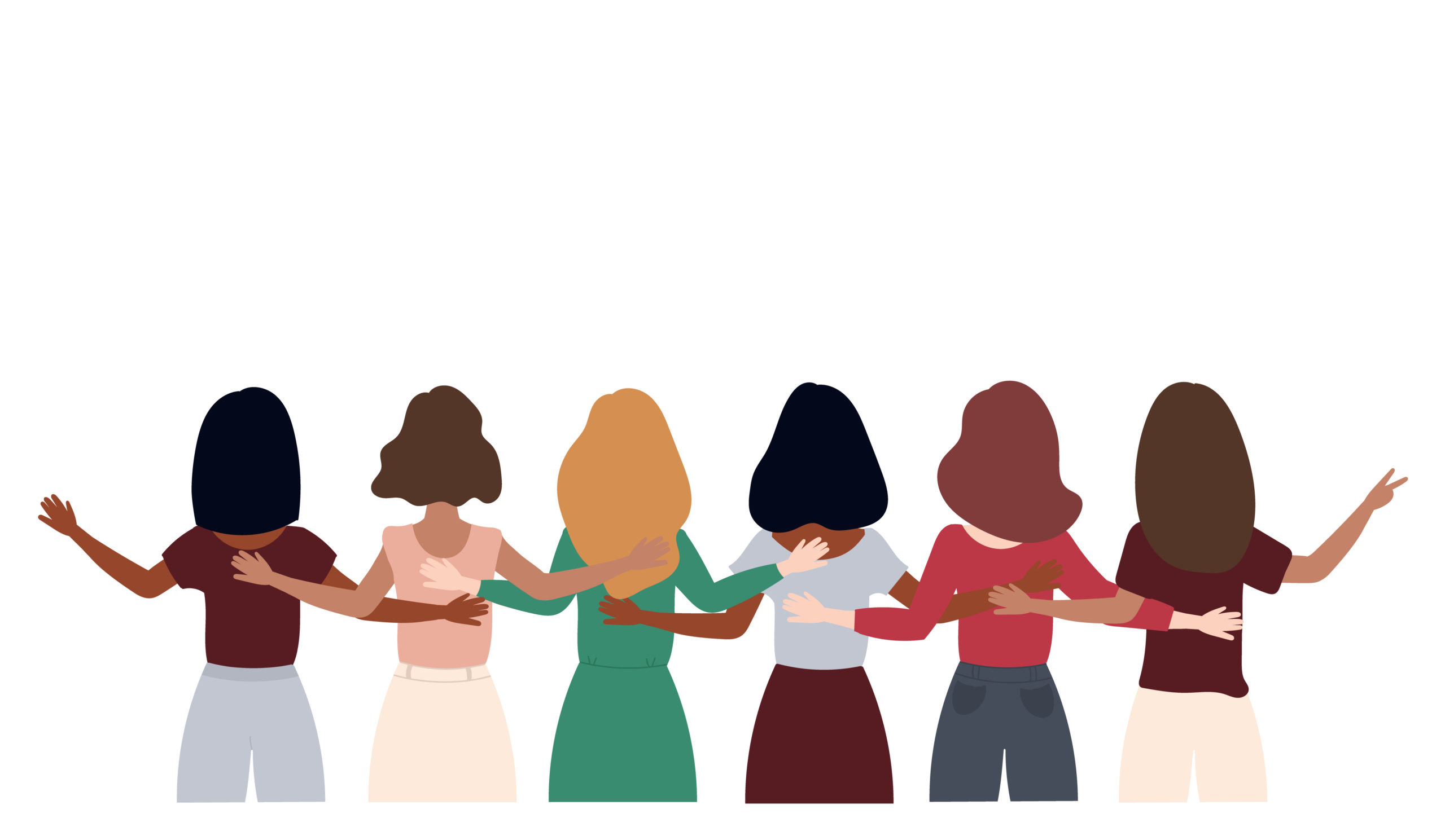 8 March Women’s day. A group of women standing together and holding hands. Vector illustration.